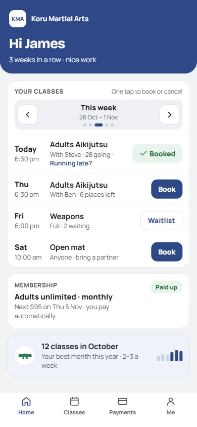 An adult member's page: this week's classes with Book and Booked, their monthly membership, and their best month this year.